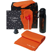Подарочный набор с варежками, шарфом и термосом, оранжевый