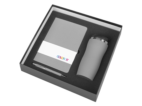 Подарочный набор с блокнотом С1, металлической ручкой и термокружкой, серый - рис 2.