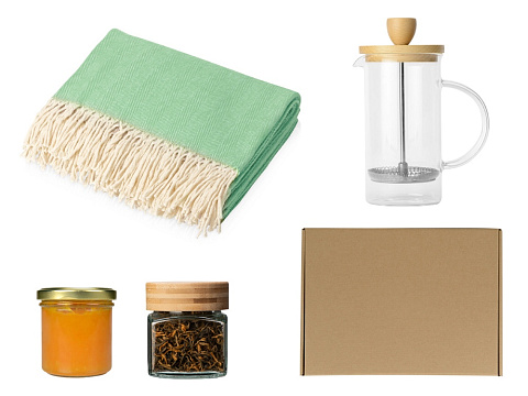 Подарочный набор с пледом, френчпрессом, чаем и вареньем, зеленый