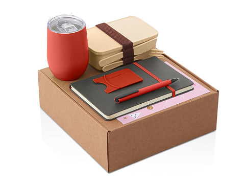 Набор с термокружкой, блокнотом, ручкой и ланчбоксом Refreshment, красный