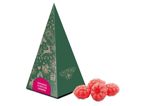 Елка из картона с бронзовым новогодним паттерном с малиновым монпансье, 50 г.