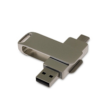 USB-флешка на 32 Гб поворотный механизм 2 в 1, c дополнительным разъемом Type-C с одноцветным металлическим клипом, серый