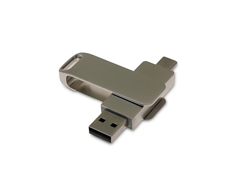 USB-флешка на 32 Гб поворотный механизм 2 в 1, c дополнительным разъемом Type-C с одноцветным металлическим клипом, серый