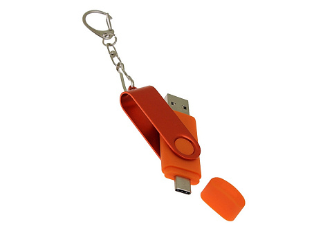 USB-флешка на 32 Гб 2 в 1 поворотный механизм, c дополнительным разъемом Type-C с одноцветным металлическим клипом, оранжевый - рис 4.