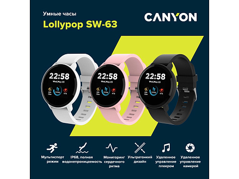 Умные часы CANYON Lollypop SW-63, IP 68, BT 5.0, сенсорный дисплей 1.3, розовый - рис 8.