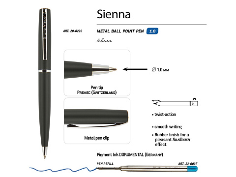 Ручка Sienna шариковая  автоматическая, черный металлический корпус, 1.0 мм, синяя - рис 3.