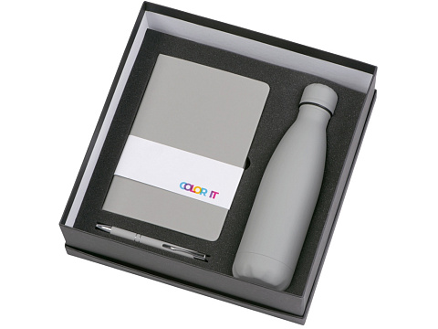 Подарочный набор с блокнотом С1, металлической ручкой и термобутылкой, серый - рис 2.