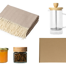 Подарочный набор с пледом, френчпрессом, чаем и вареньем, бежевый