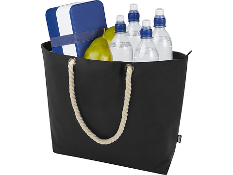 Panama пляжная эко-сумка-холодильник из переработанного материала, с ручками-шнурками 23L, сплошной черный - рис 5.