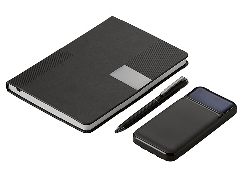 Подарочный набор Tesla с блокнотом А5, ручкой и пауэрбенком на 10 000 mAh, черный - рис 2.